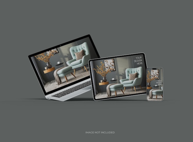 Mockup laptopa, smartfonu i tabletu dla UIUX Product Showcase 3D Render