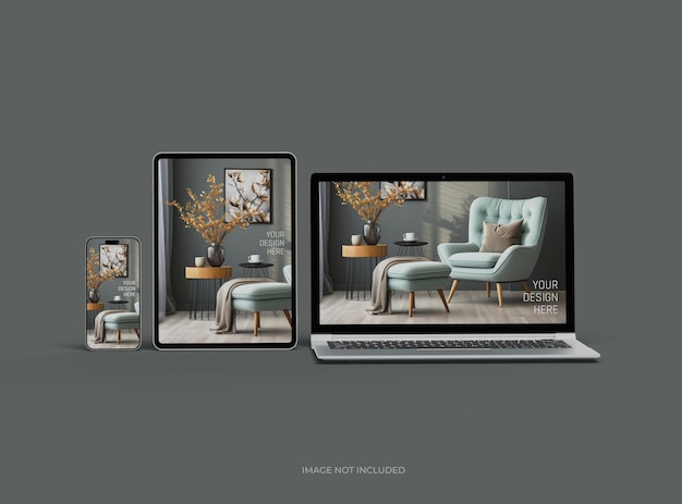 Mockup laptopa, smartfonu i tabletu dla UIUX Product Showcase 3D Render