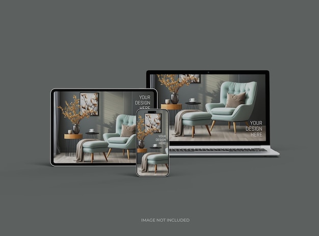 Mockup laptopa, smartfonu i tabletu dla UIUX Product Showcase 3D Render