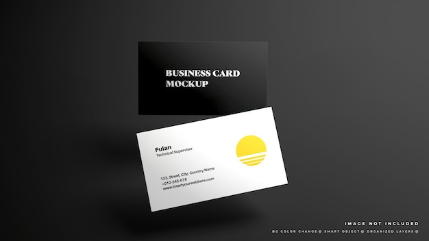 Mockup of levitated name card or business card on front close up view for branding showcase