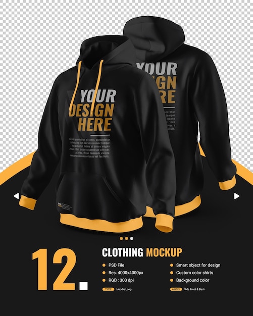 Mockup male black hoodie with long arm view side front and back