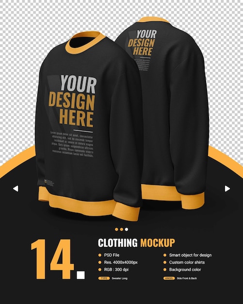 PSD mockup male black sweater with long arm view side front and back