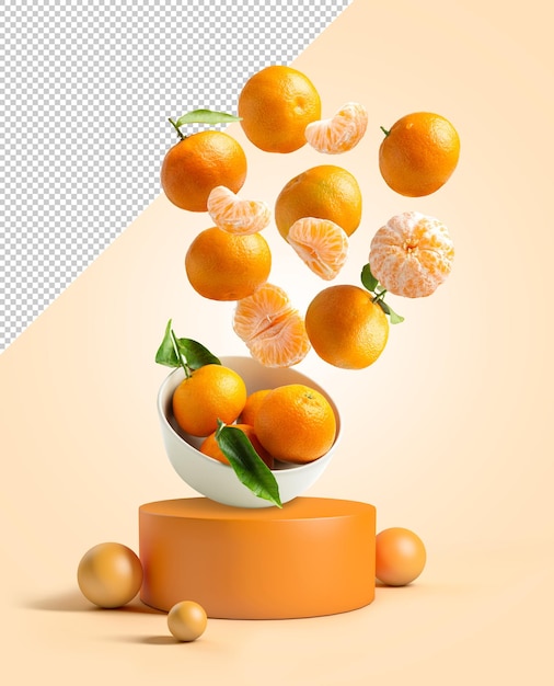 Mockup of mandarins falling into a bowl on a podium