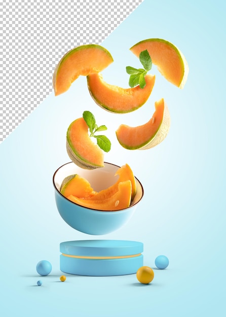 Mockup of melon slices flying in a bowl