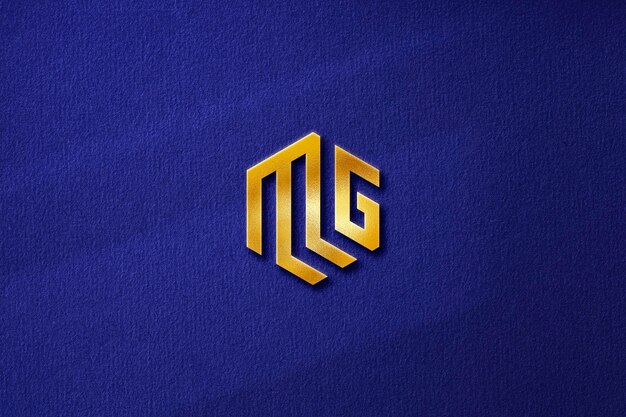 Mockup met gouden logo op blauwe gestructureerde achtergrond met schaduw