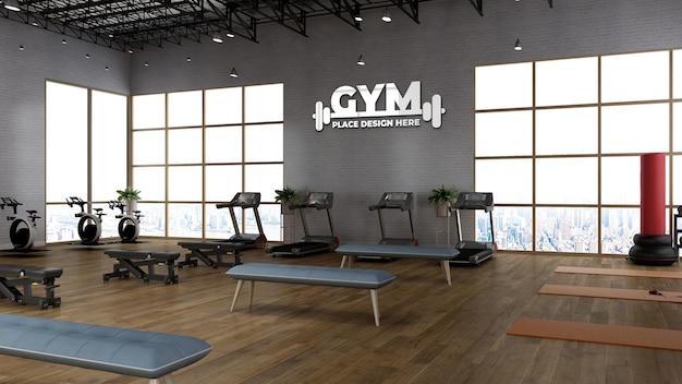 PSD mockup met muursportlogo in de moderne fitnessruimte