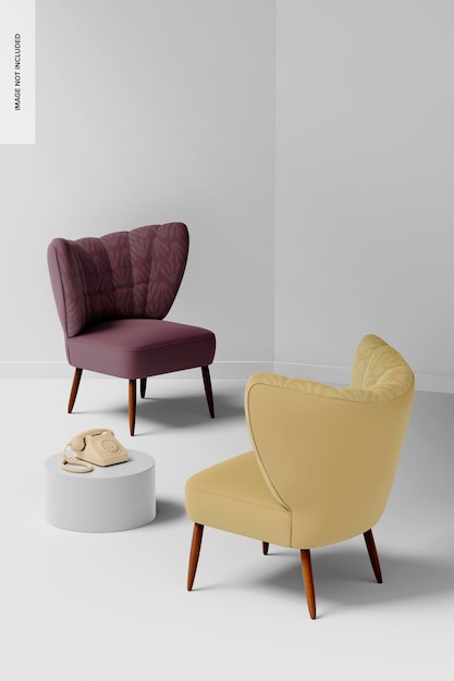 Mockup met retro gevoerde stoelen, voor- en achteraanzicht