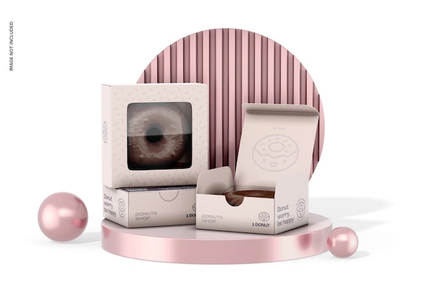 Mockup met vierkante donutdozen op podium