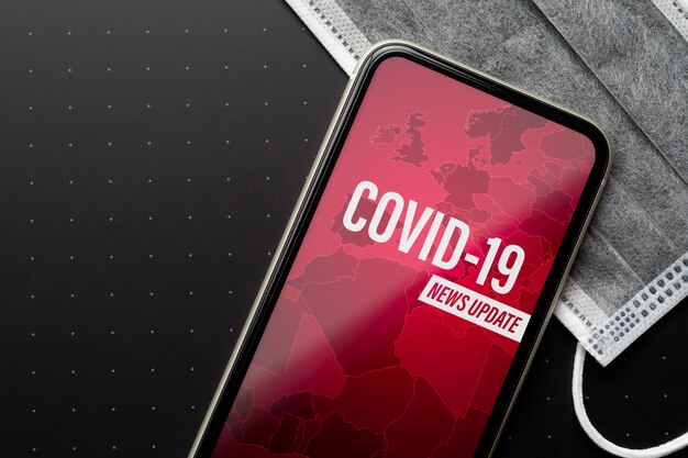 PSD mockup mobile phone for coronavirus or covid-19 outbreak news update background concept.