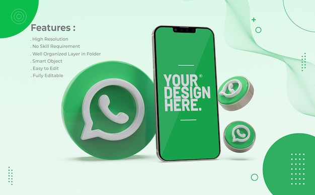 PSD mockup mobile phone whatsapp with icon 3d realistic