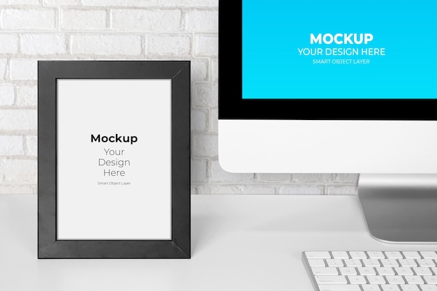 PSD mockup of monitor of computer display screen and picture frame