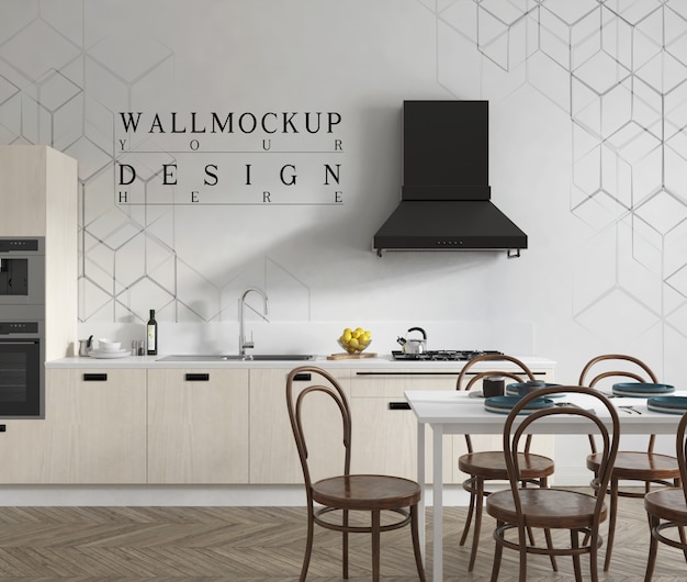 PSD mockup muur in moderne eigentijdse open keuken en eetkamer