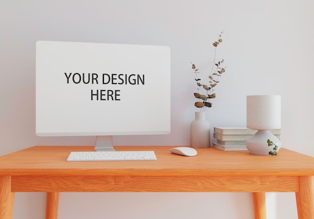 Mockup muur met tafel in woonkamer met een witte muurxAxAmoderne woonkamer met monitor Scandinavisch interieur design meubelsxAxAtafel en planten met witte muur kopie ruimte 3D-rendering