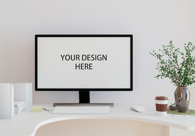Mockup muur met tafel in woonkamer met een witte muurxAxAmoderne woonkamer met monitor Scandinavisch interieur design meubelsxAxAtafel en planten met witte muur kopie ruimte 3D-rendering