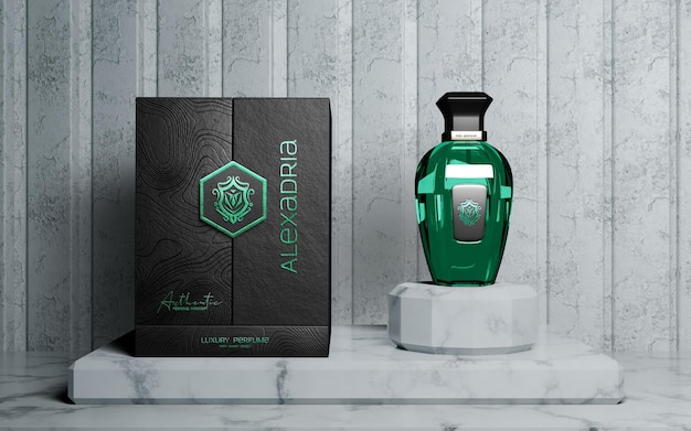 PSD mockup niebieskiej metalowej butelki z perfumami