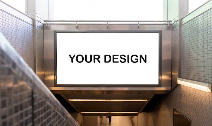 PSD mockup obrazu pustych plakatów reklamowych na białym ekranie i prowadzonych na stacji metra do reklamy