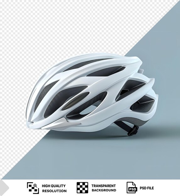 PSD mockup of a white bicycle helmet with a black strap and a dark shadow on a blue background png psd