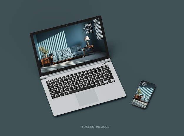 PSD 당신의 디자인 프레젠테이션을 위해 노트북과 드폰의 모 3d 렌더링