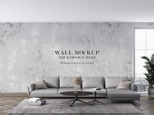 PSD Макет современной гостиной стены с мебелью