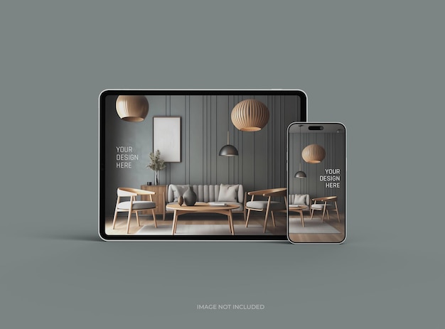 PSD スマートフォンとタブレットのモックアップ uiux プロダクトショーケース 3d レンダリング