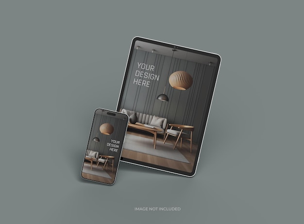 PSD スマートフォンとタブレットのモックアップ uiux プロダクトショーケース 3d レンダリング