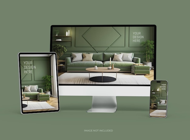 スマートフォン・タブレット・デスクトップのモックアップ uiux プロダクト・ショーケース 3d レンダリング