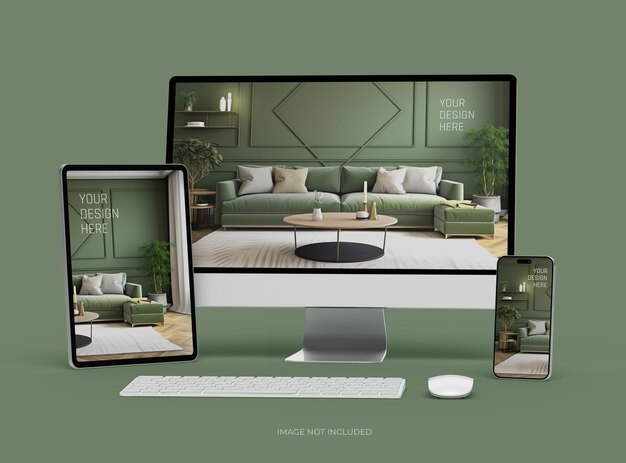 スマートフォン・タブレット・デスクトップのモックアップ uiux プロダクト・ショーケース 3d レンダリング