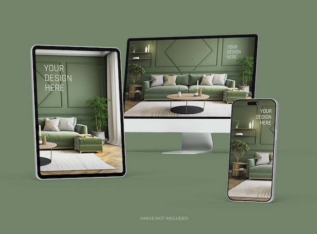 PSD スマートフォン・タブレット・デスクトップのモックアップ uiux プロダクト・ショーケース 3d レンダリング