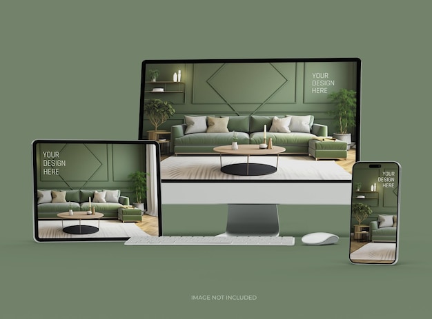 スマートフォン・タブレット・デスクトップのモックアップ uiux プロダクト・ショーケース 3d レンダリング