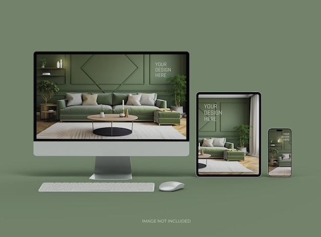 スマートフォン・タブレット・デスクトップのモックアップ uiux プロダクト・ショーケース 3d レンダリング