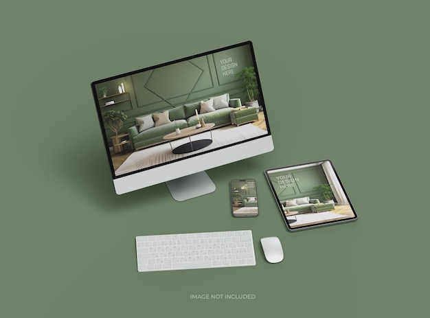 スマートフォン・タブレット・デスクトップのモックアップ uiux プロダクト・ショーケース 3d レンダリング