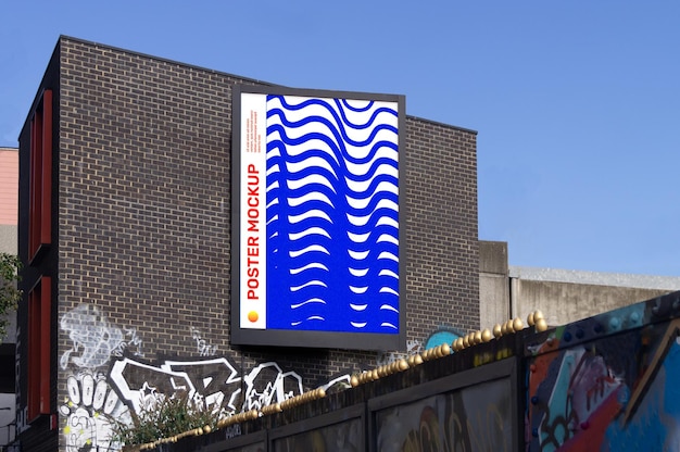 Макет вертикального плаката на кирпичном здании в современном городе