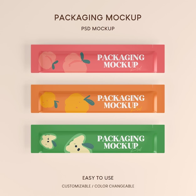 PSD mockup packaging 3d product glossy stick sachet food and beverage packaging concept design