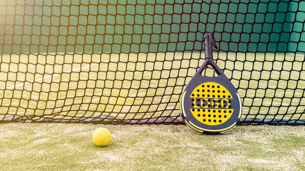 Mockup of padel racket and yellow ball behind net on a green court grass turf