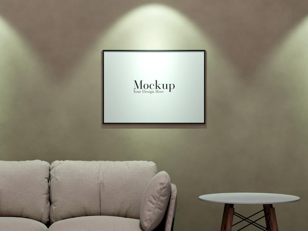 Mockup photo frame brown wall in the minimalist interior