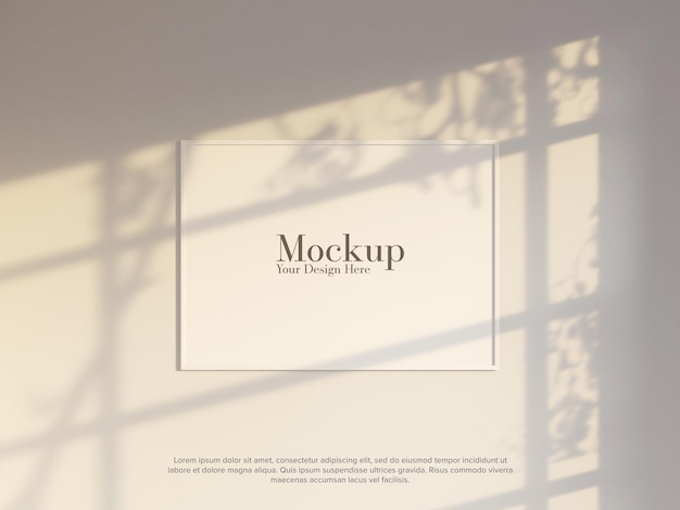 Mockup photo frame white wall with summer sunlight