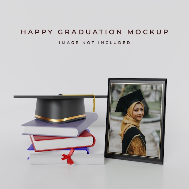 Cornici per foto mockup per congratulazioni di laurea con libri e abiti file psd di rendering 3d