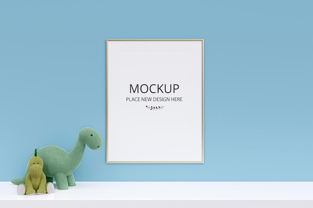 A mockup picture frame with stuffed toy dinosaurs on white shelf 3d rendered illustration