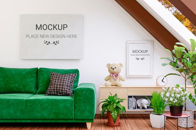 PSD mockup picture frames in a cozy attic living room 3d rendered illustration