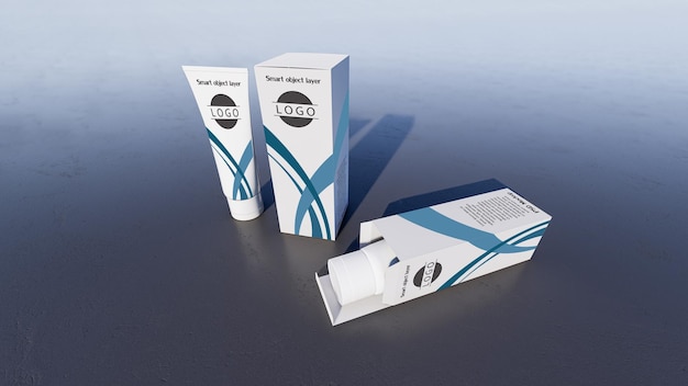 흰색 거품 튜브와 상자의 3d 렌더링 모형 사진. 디자인을 사용자 정의하기 위한 스마트 개체 레이어.