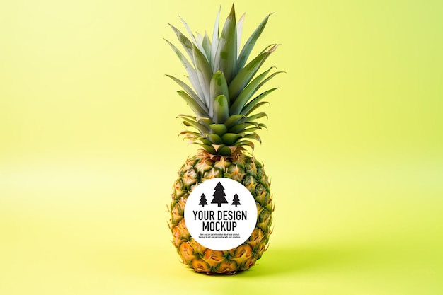 PSD mockup di un ananas con un'etichetta personalizzata che mostra il modello di un marchio creato con la tecnologia ai generativa