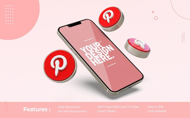 Мокап Pinterest на мобильном телефоне со значком 3d