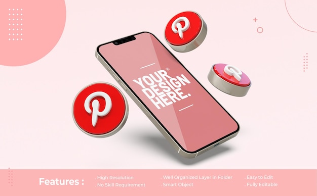 Mockup pinterest sul telefono cellulare con l'icona 3d