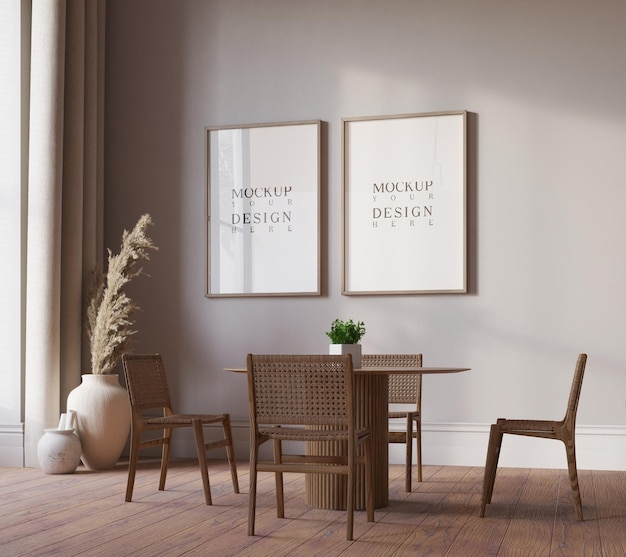 Mockup plakat w jadalni wnętrze tło z dekoracją w stylu boho rendering 3d