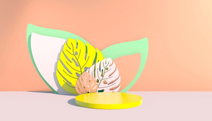 PSD mockup, podium, display with monstera leaves tropical plant background, 3d render