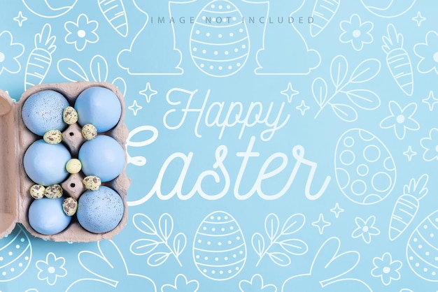 PSD mockup postcard with paper container of craft painted blue eggs on a blue color surface,  happy easter