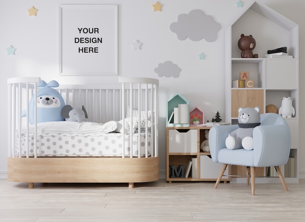 Mockup poster frame in children room rendering