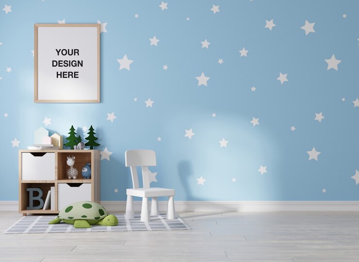 PSD mockup poster frame in children room