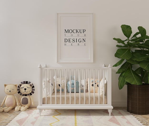 Mockup poster frame in cute babyroom with toys