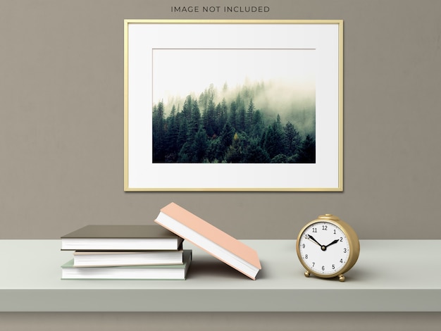 mockup poster frame in the empty wooden frame standing on living room modern interior.